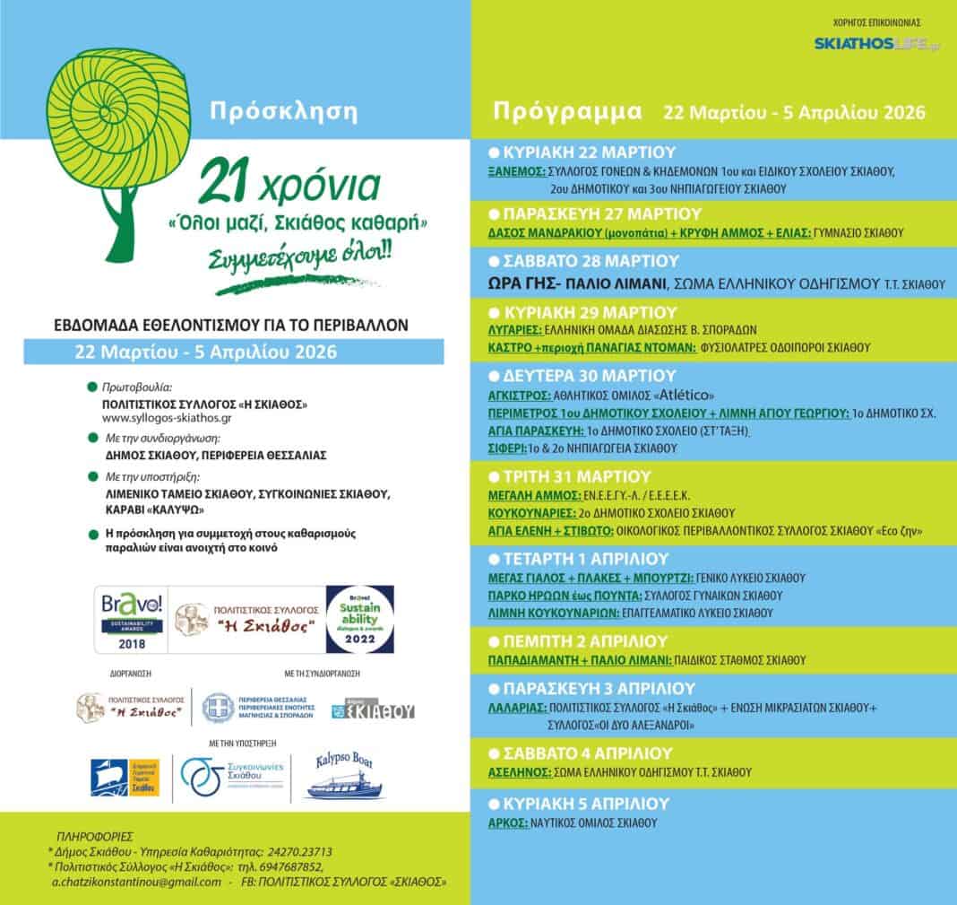Η περιβαλλοντική δράση «Όλοι μαζί, Σκιάθος καθαρή» ξεκινάει για 21η χρονιά στη Σκιάθο Η περιβαλλοντική δράση «Όλοι μαζί, Σκιάθος καθαρή» ξεκινάει για 21η χρονιά στη Σκιάθο