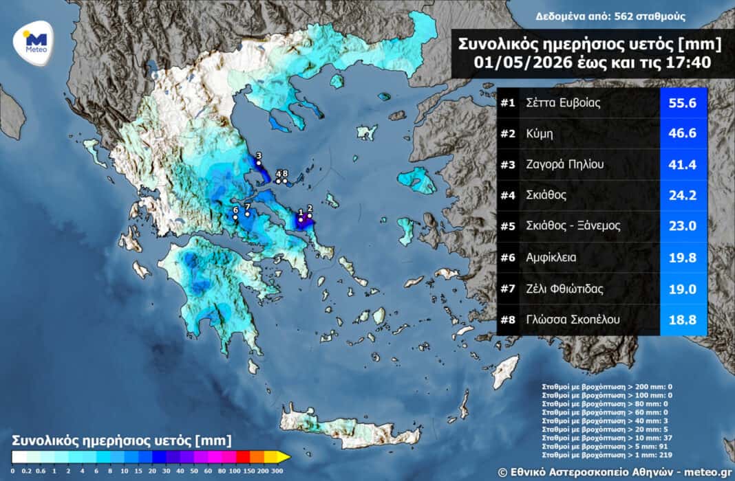Η Σκιάθος στην πρώτη πεντάδα των περιοχών με τις περισσότερες βροχοπτώσεις την Πρωτομαγιά Η Σκιάθος στην πρώτη πεντάδα των περιοχών με τις περισσότερες βροχοπτώσεις την Πρωτομαγιά