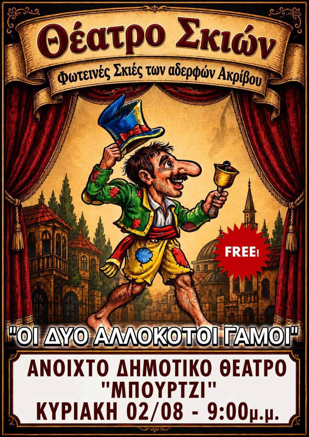 Θέατρο Σκιών στο Μπούρτζι με ελεύθερη είσοδο – Οι αδελφοί Ακρίβου παρουσιάζουν τους «Δύο Αλλόκοτους Γάμους» Θέατρο Σκιών στο Μπούρτζι με ελεύθερη είσοδο – Οι αδελφοί Ακρίβου παρουσιάζουν τους «Δύο Αλλόκοτους Γάμους»