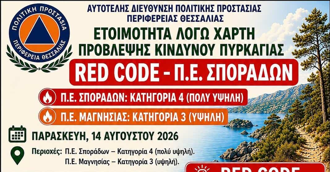 Σε κόκκινο συναγερμό για πυρκαγιά σήμερα οι Σποράδες- Υψηλός κίνδυνος και στη χερσαία Μαγνησία Σε κόκκινο συναγερμό για πυρκαγιά σήμερα οι Σποράδες- Υψηλός κίνδυνος και στη χερσαία Μαγνησία