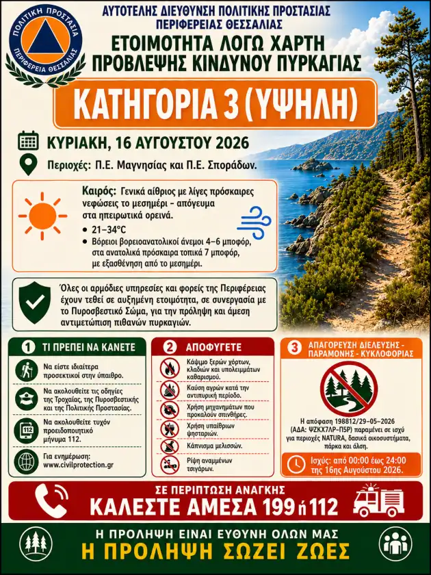 Κατηγορία κινδύνου 3 σε Μαγνησία και Σποράδες – Έκκληση για αυξημένη προσοχή Κατηγορία κινδύνου 3 σε Μαγνησία και Σποράδες – Έκκληση για αυξημένη προσοχή