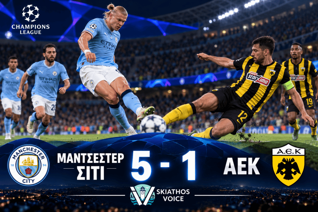 Champions League: Βαριά ήττα της ΑΕΚ με 5-1 από τη Μάντσεστερ Σίτι – Χατ τρικ ο Φόντεν Champions League: Βαριά ήττα της ΑΕΚ με 5-1 από τη Μάντσεστερ Σίτι – Χατ τρικ ο Φόντεν
