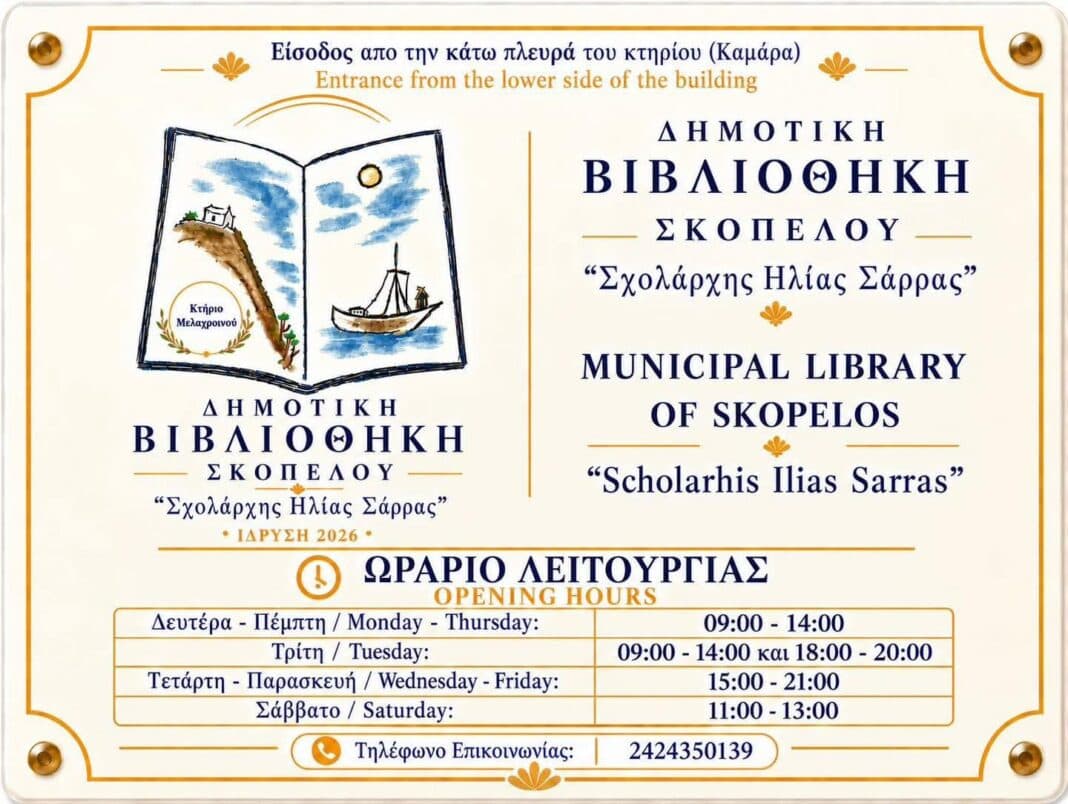 Νέο ωράριο λειτουργίας Δημοτικής Βιβλιοθήκης Σκοπέλου «Σχολάρχης Ηλίας Σάρρας» Νέο ωράριο λειτουργίας Δημοτικής Βιβλιοθήκης Σκοπέλου «Σχολάρχης Ηλίας Σάρρας»